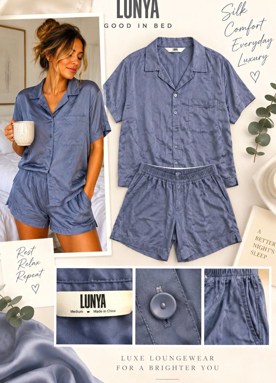 Lunya 100% Silk Button-Up Shirt | Slate Blue | Short Sleeve | Size M